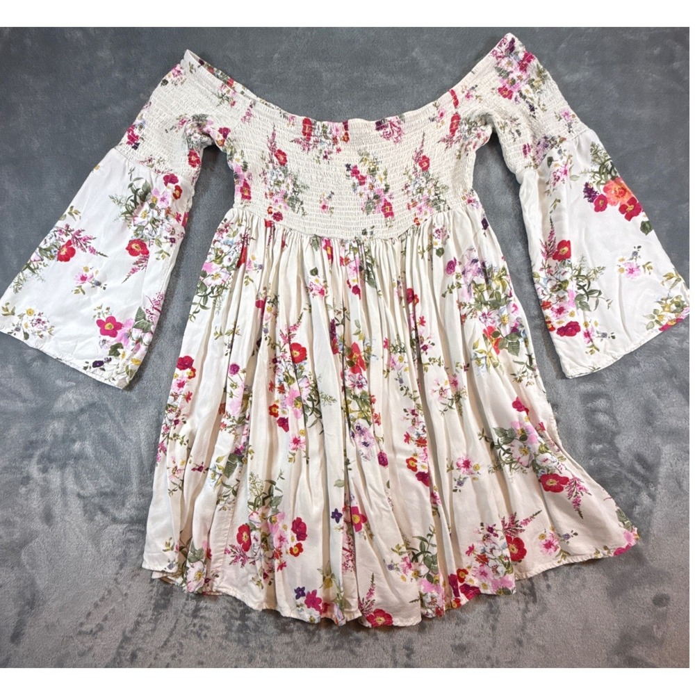 Torrid Floral Smocked Off Shoulder Bell Sleeve Mini Dress White Size 1 (XL) Boho